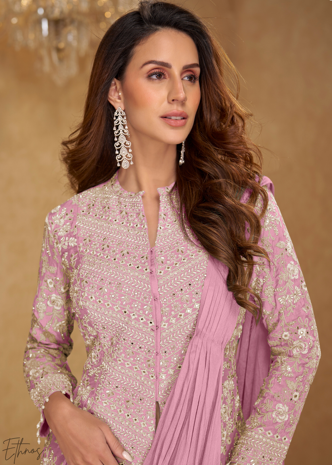 Dusty Rose Pink Embroidered Jacket Chinon Saree Skirt Set