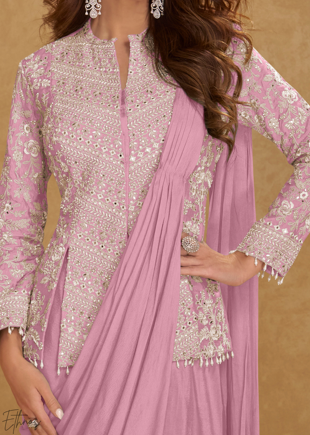 Dusty Rose Pink Embroidered Jacket Chinon Saree Skirt Set