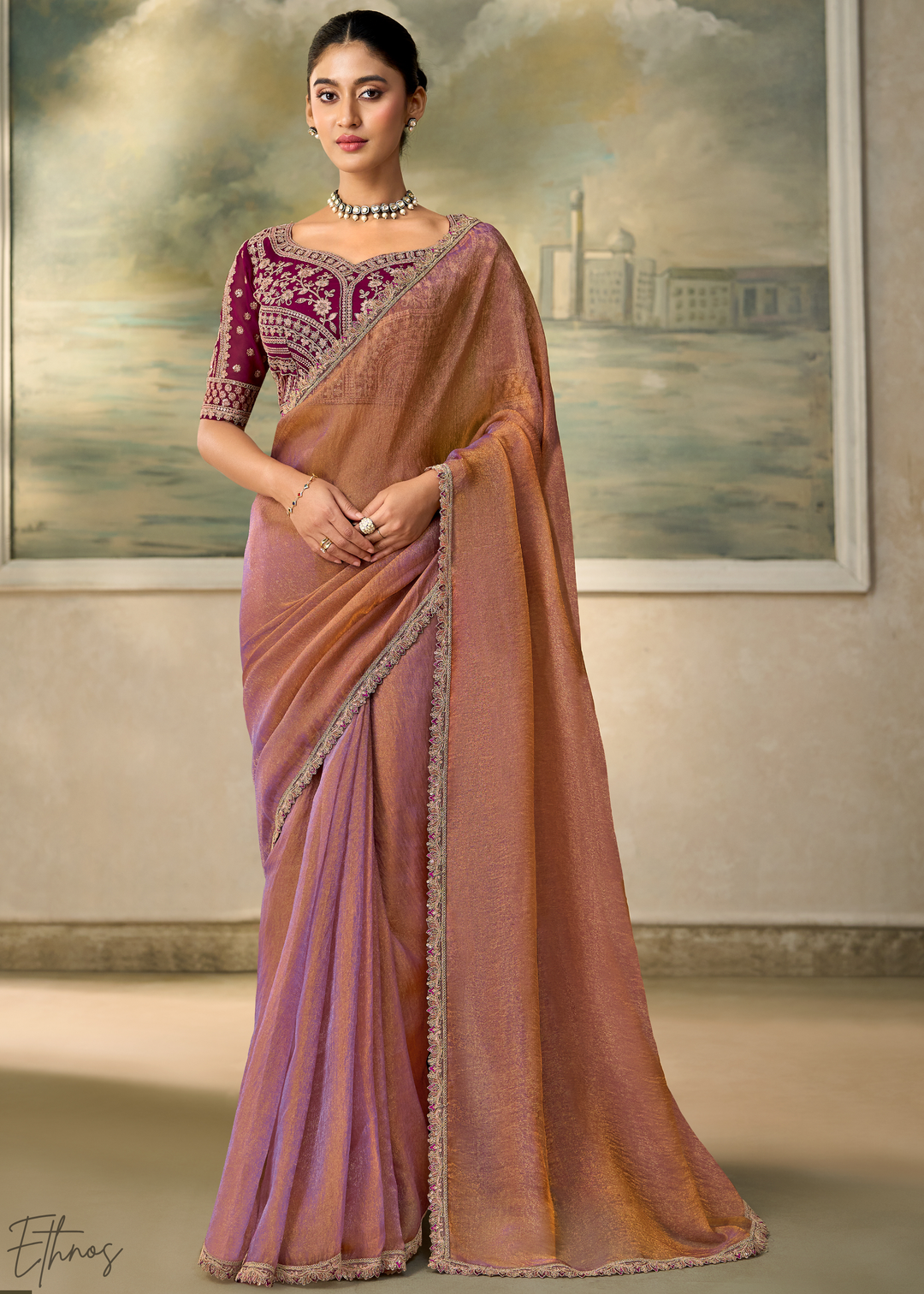Dusty Rose Ruffle Border Georgette Saree