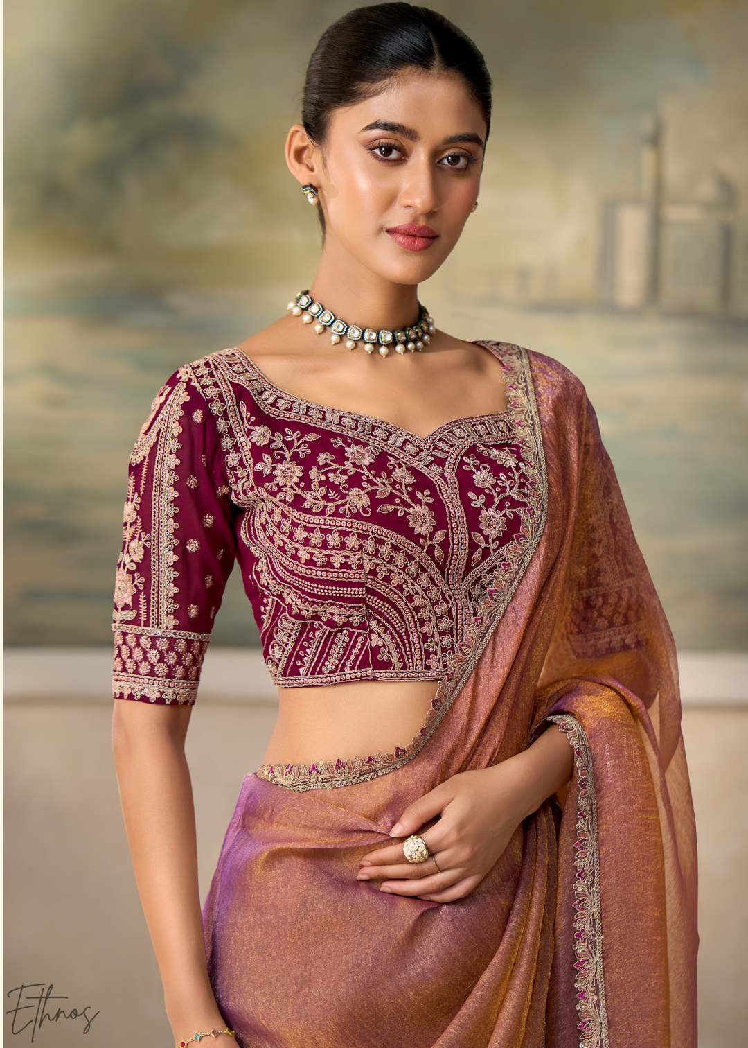 Dusty Rose Ruffle Border Georgette Saree