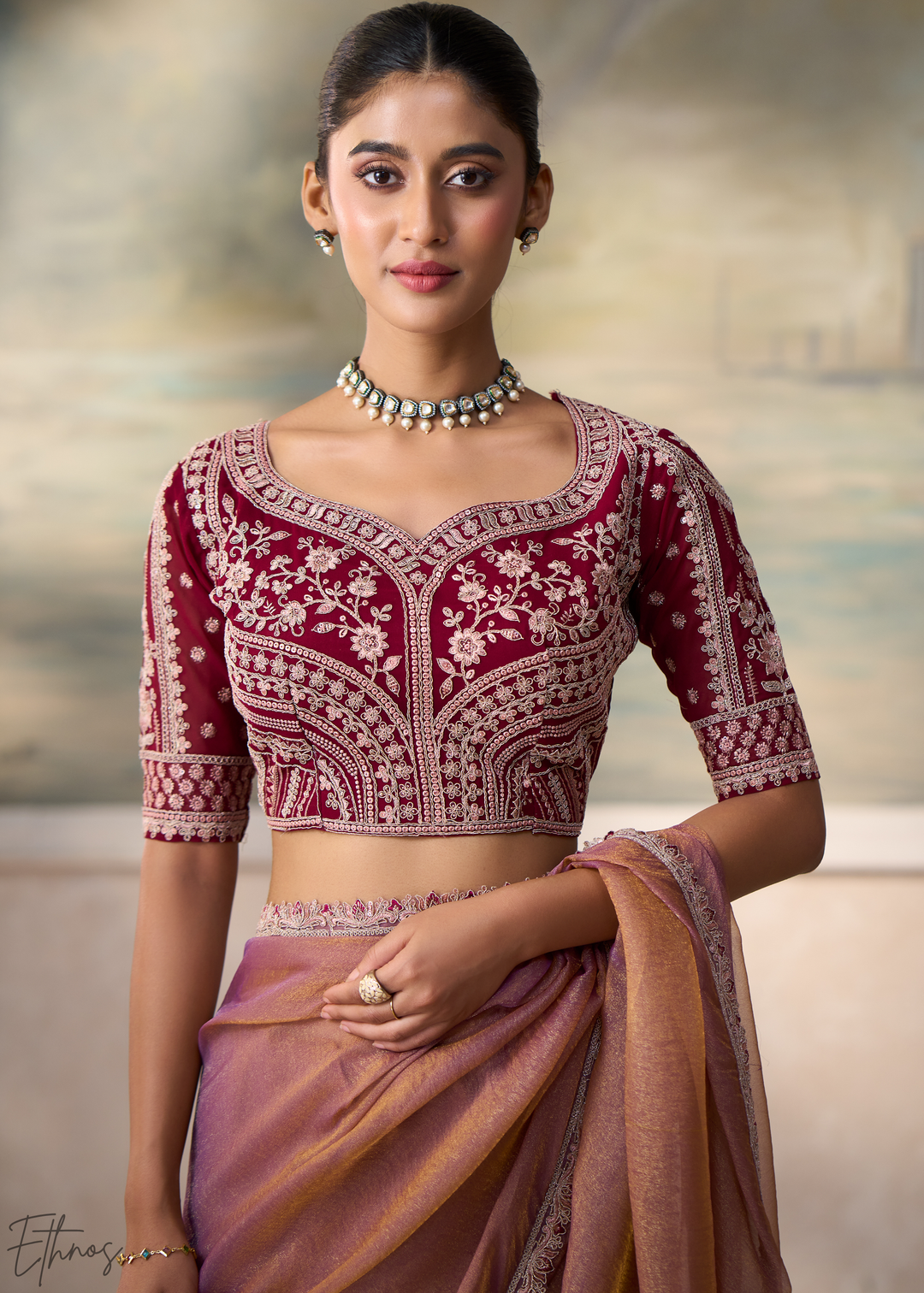 Dusty Rose Ruffle Border Georgette Saree
