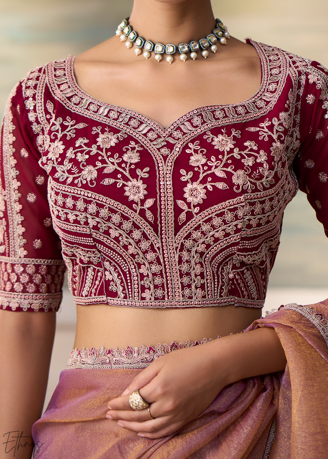 Dusty Rose Ruffle Border Georgette Saree