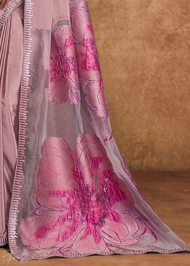 Dusty Rose Sequin Embroidered Pure Crepe Satin Saree