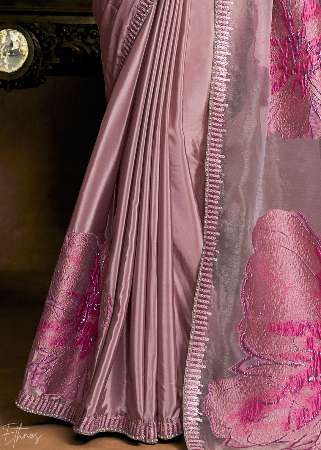 Dusty Rose Sequin Embroidered Pure Crepe Satin Saree