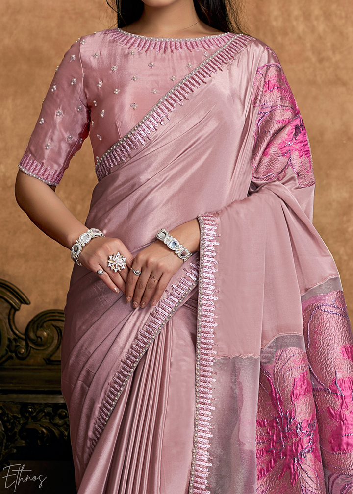 Dusty Rose Sequin Embroidered Pure Crepe Satin Saree