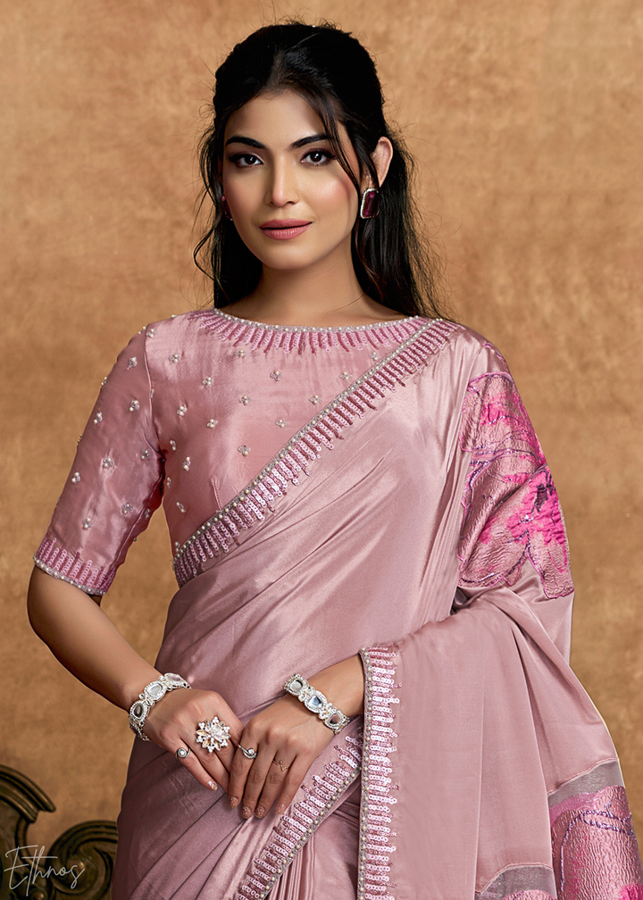 Dusty Rose Sequin Embroidered Pure Crepe Satin Saree