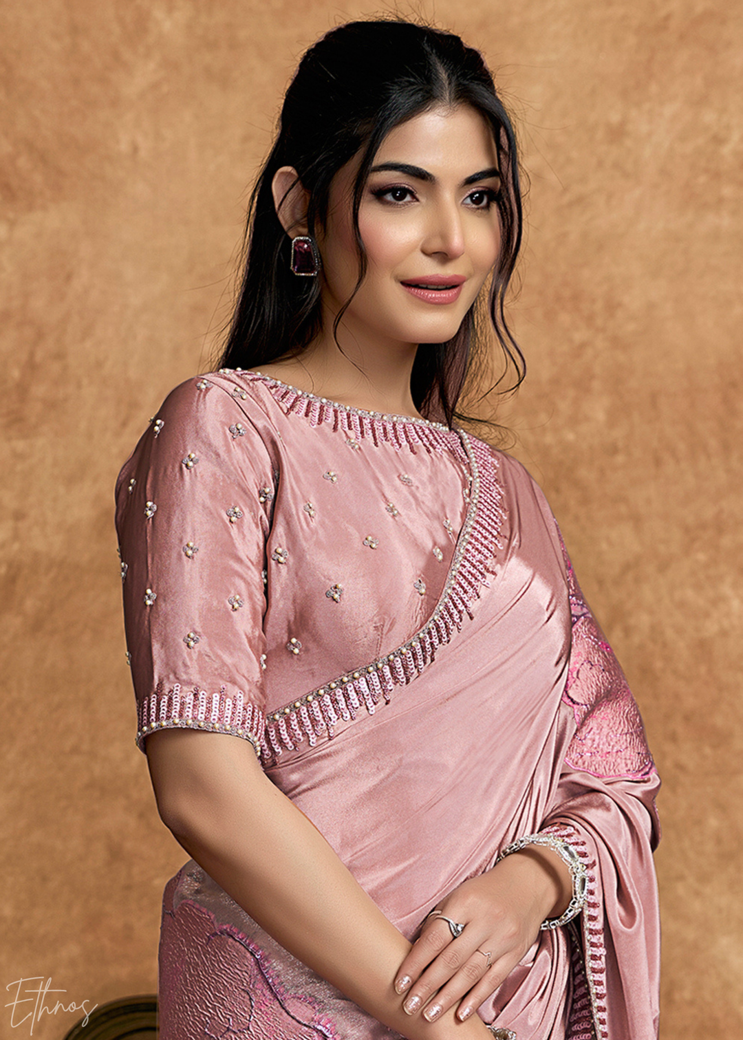 Dusty Rose Sequin Embroidered Pure Crepe Satin Saree