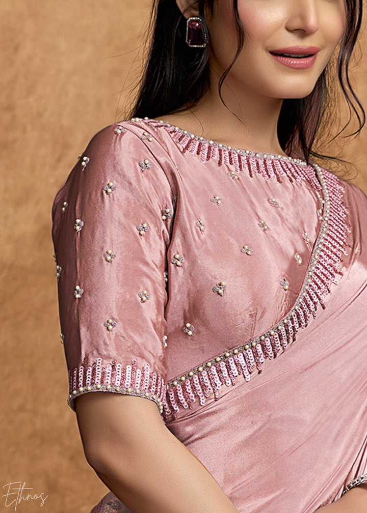 Dusty Rose Sequin Embroidered Pure Crepe Satin Saree
