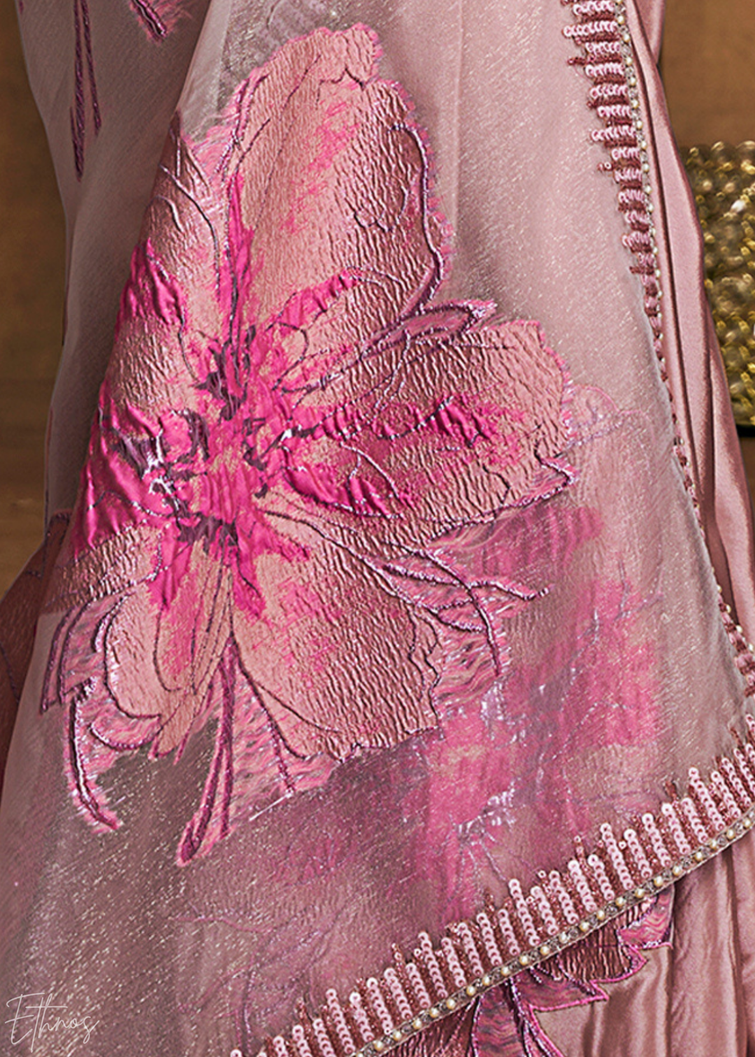 Dusty Rose Sequin Embroidered Pure Crepe Satin Saree