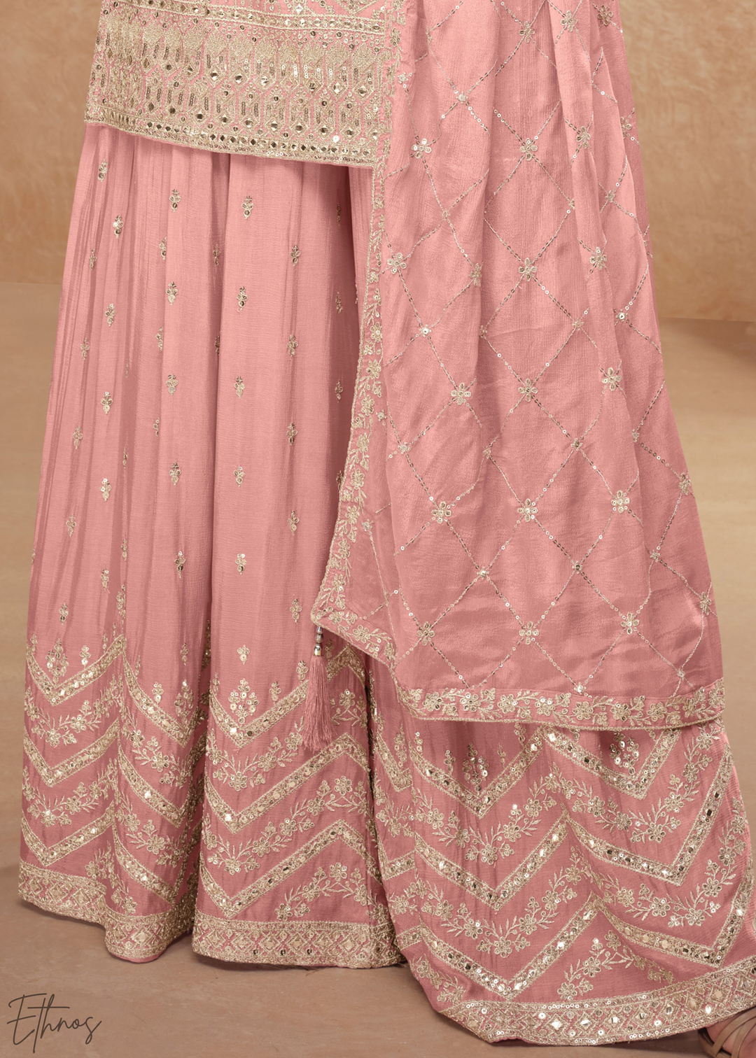 Dusty Rose Sequins Chinon Palazzo Suit