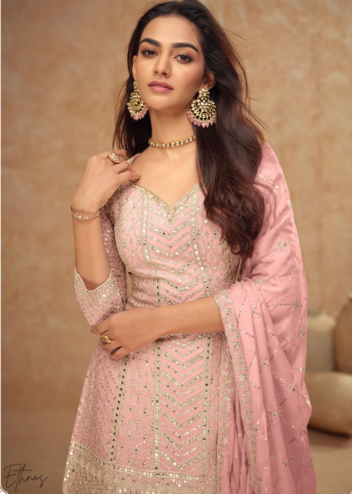 Dusty Rose Sequins Chinon Palazzo Suit