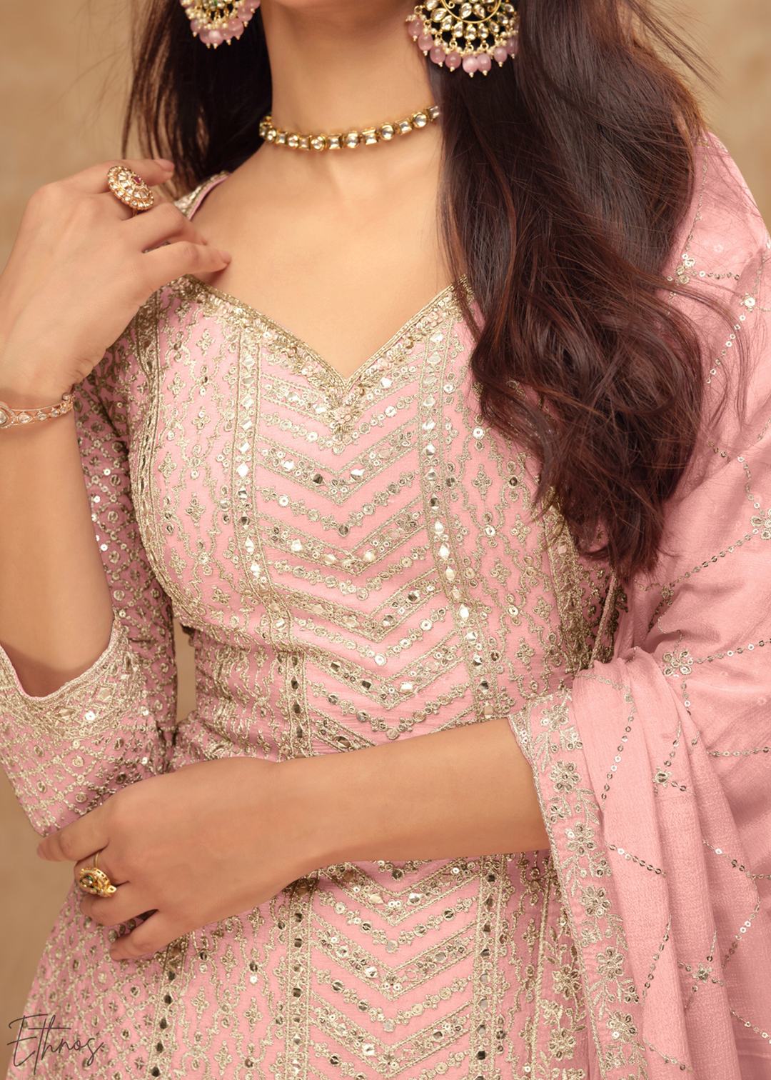 Dusty Rose Sequins Chinon Palazzo Suit