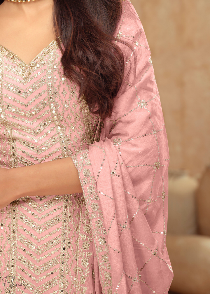 Dusty Rose Sequins Chinon Palazzo Suit