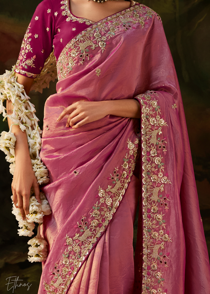 Dusty Rose Tambour Embroidered Border Tissue Saree