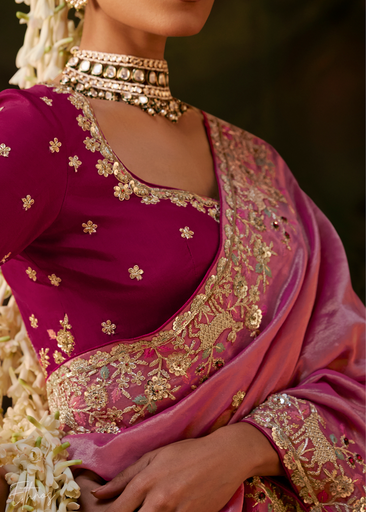Dusty Rose Tambour Embroidered Border Tissue Saree