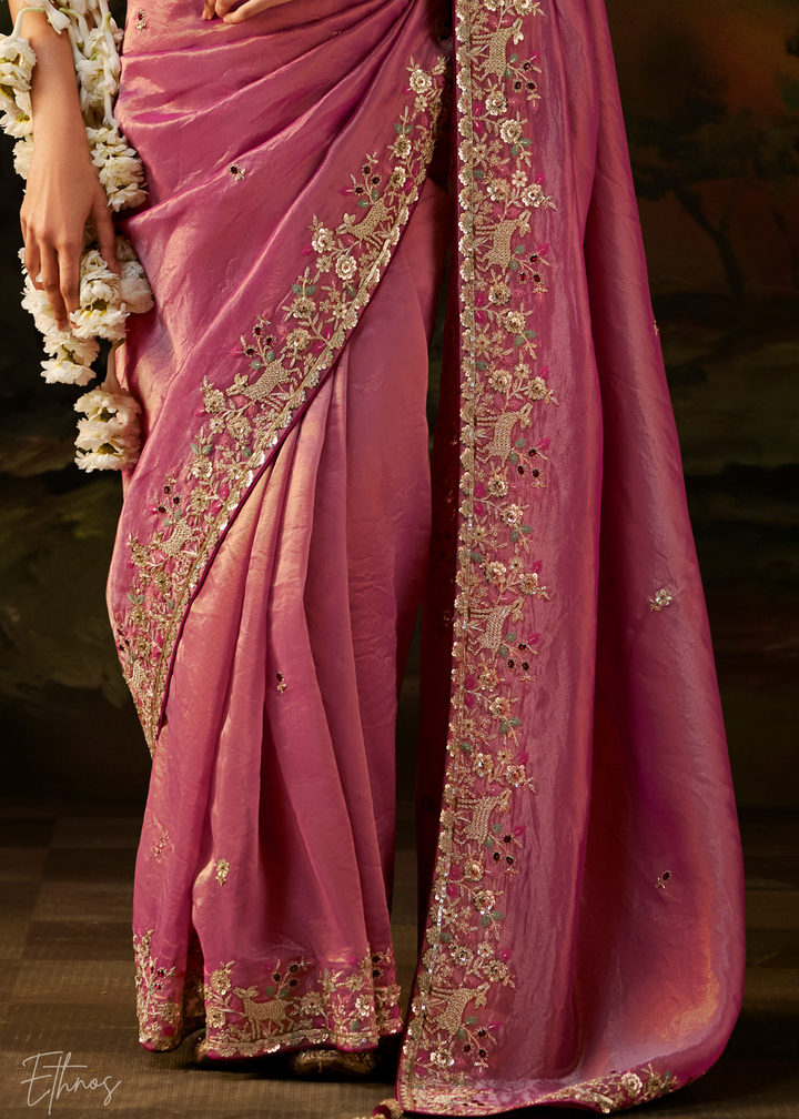Dusty Rose Tambour Embroidered Border Tissue Saree
