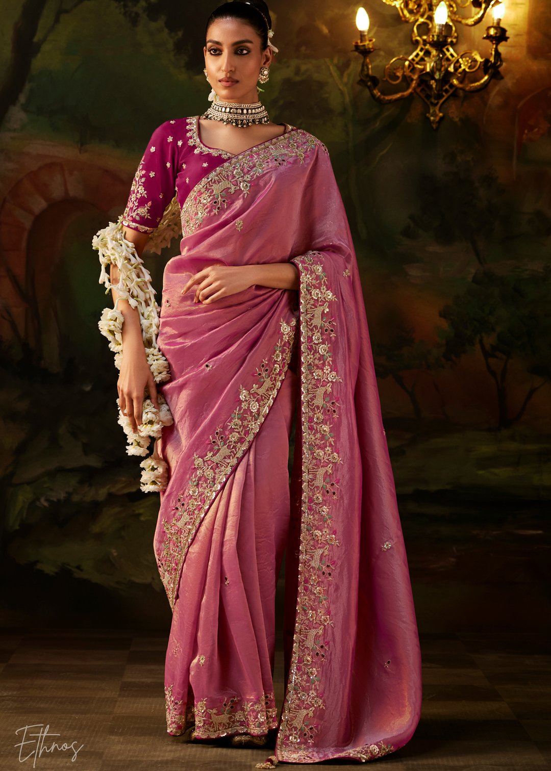 Dusty Rose Tambour Embroidered Border Tissue Saree