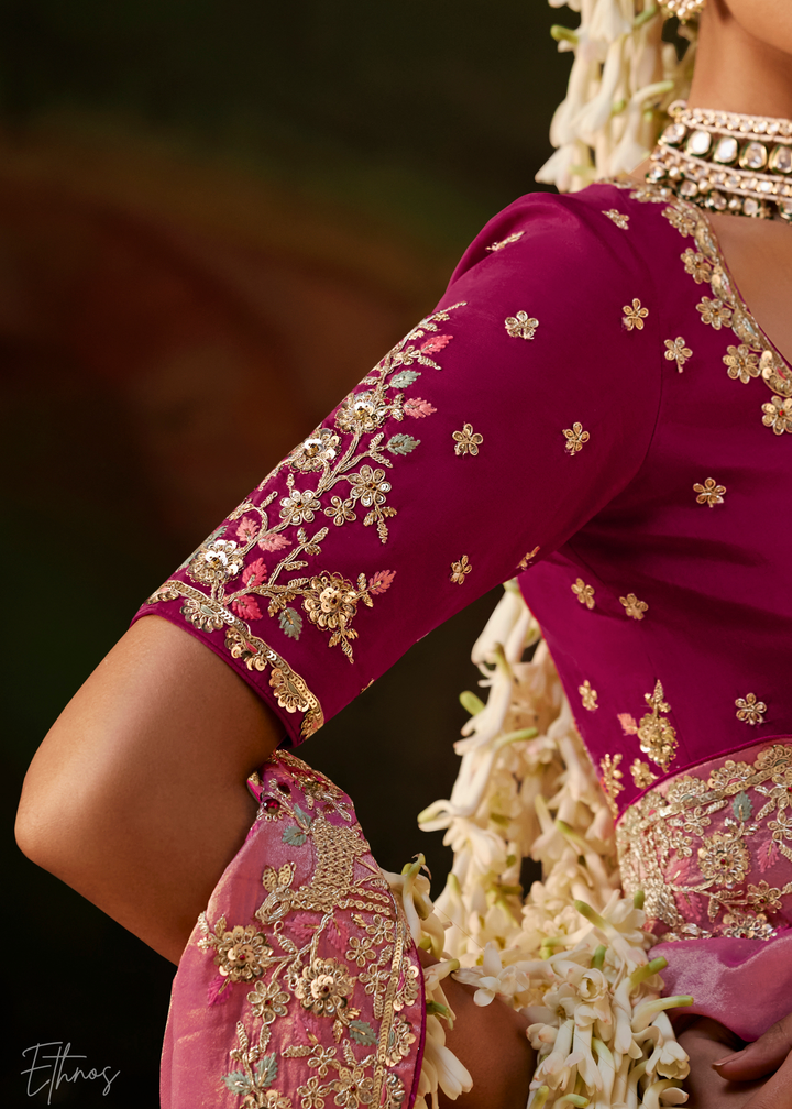 Dusty Rose Tambour Embroidered Border Tissue Saree
