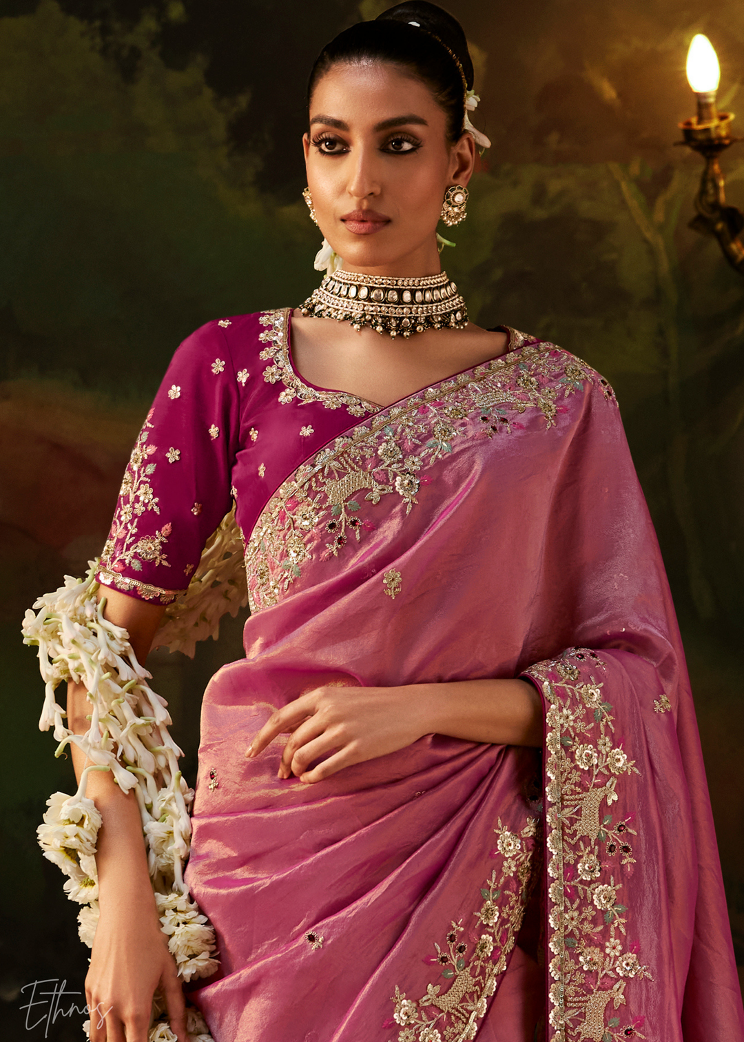 Dusty Rose Tambour Embroidered Border Tissue Saree