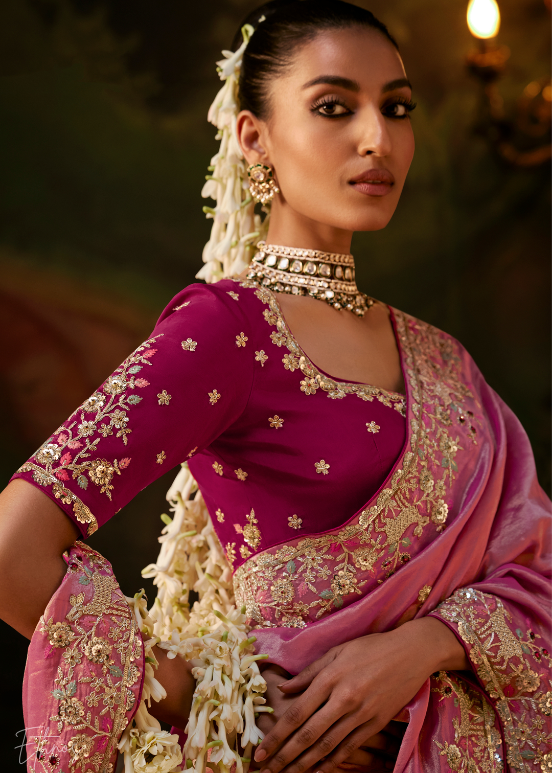 Dusty Rose Tambour Embroidered Border Tissue Saree