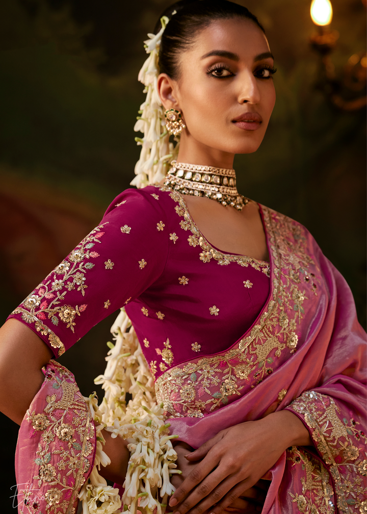 Dusty Rose Tambour Embroidered Border Tissue Saree