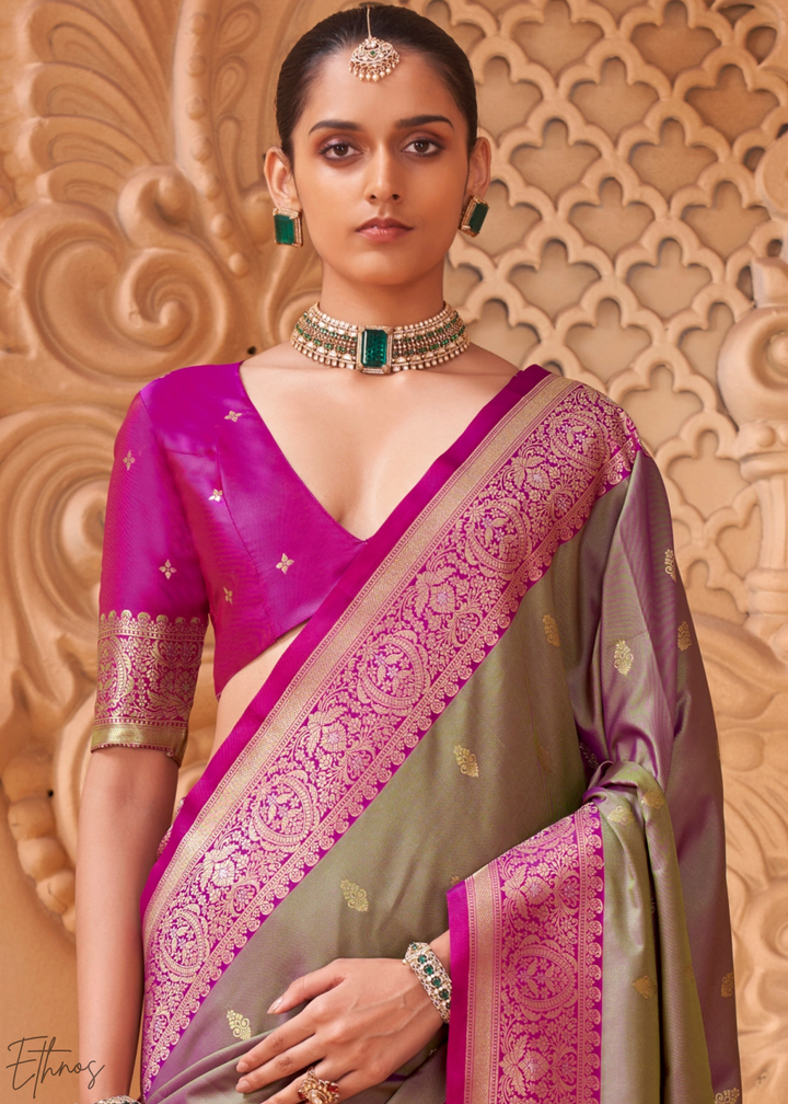 Grey Rose Traditional Zari Woven Silk Saree