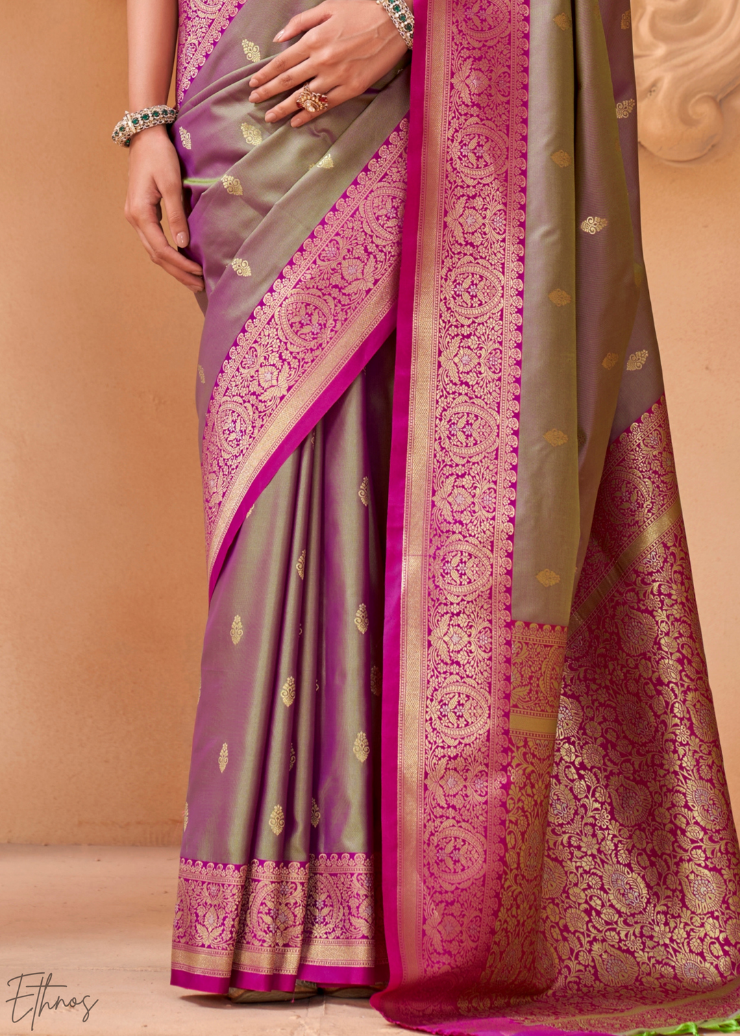 Grey Rose Traditional Zari Woven Silk Saree
