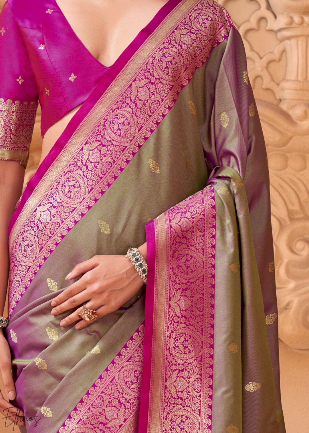 Grey Rose Traditional Zari Woven Silk Saree