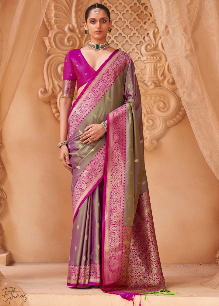 Grey Rose Traditional Zari Woven Silk Saree