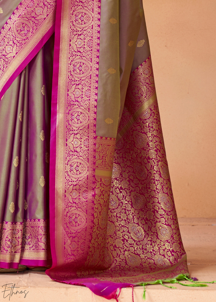 Grey Rose Traditional Zari Woven Silk Saree