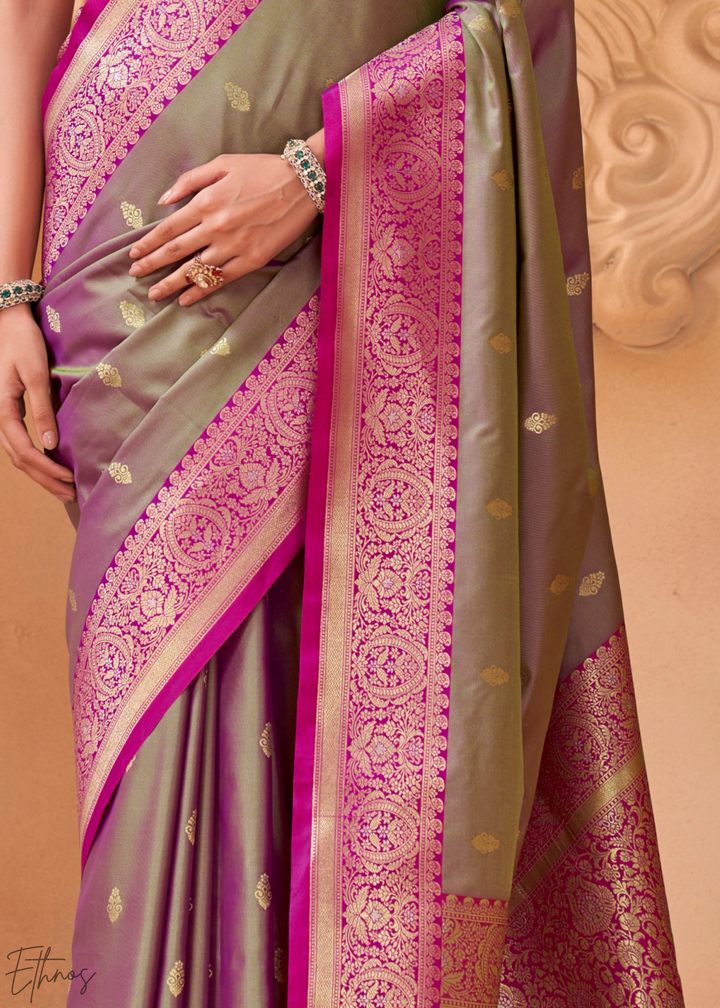 Grey Rose Traditional Zari Woven Silk Saree