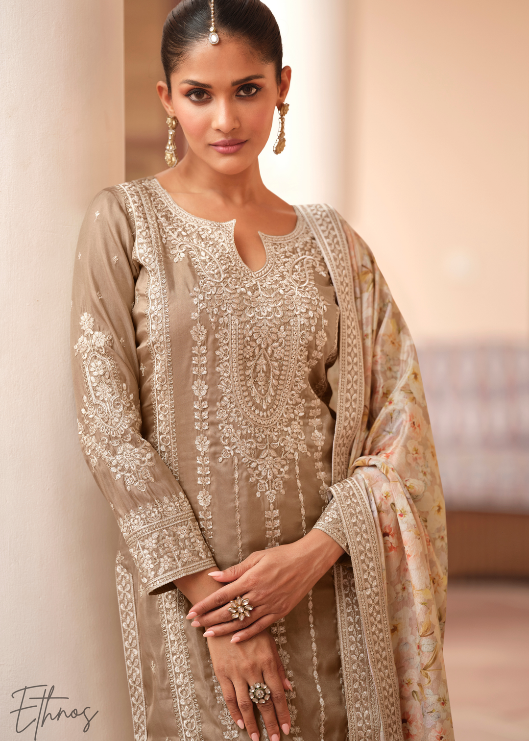 Dusty Beige Simar Silk Palazzo Salwar Suit