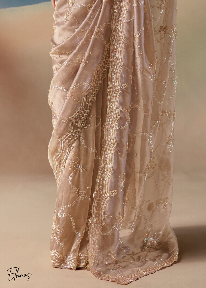 Dusty Beige Sequins Organza Saree