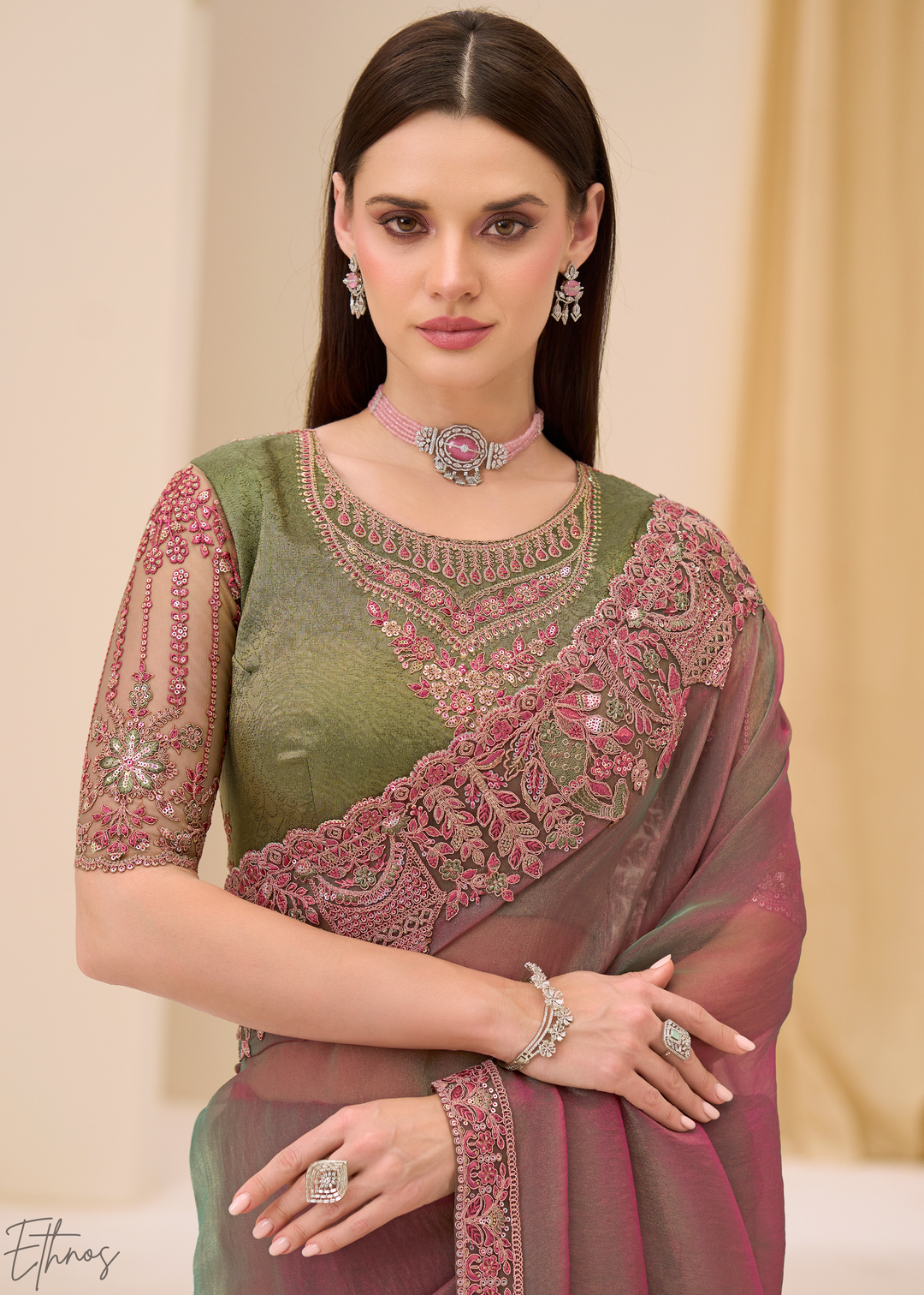 Dusty Mauve Ornamental Panel Satin Chiffon Saree