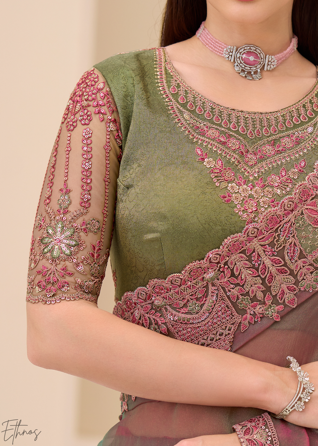 Dusty Mauve Ornamental Panel Satin Chiffon Saree