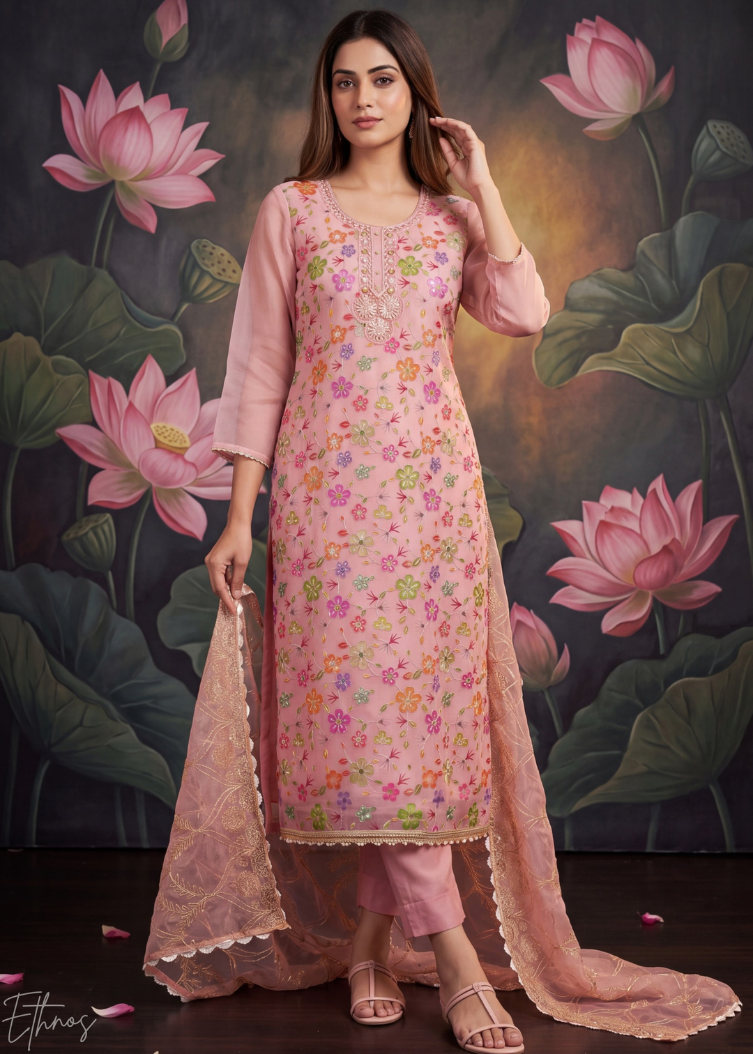 Dusty Pink Blossom Filigree Organza Pant Suit