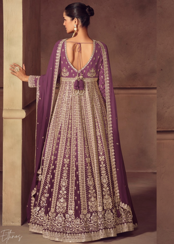 Dusty Plum Purple Floral-Embroidered Chinon Anarkali Gown Set
