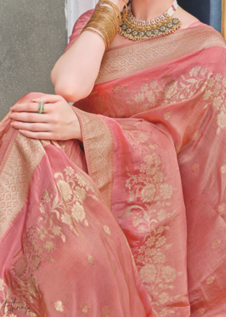 Dusty Rose Gilded-Floral HO Viscose Silk Saree