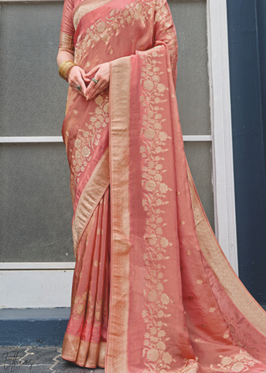 Dusty Rose Gilded-Floral HO Viscose Silk Saree