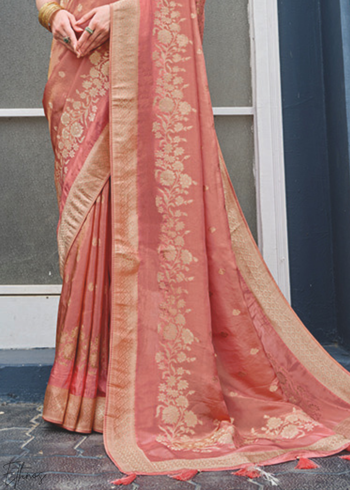 Dusty Rose Gilded-Floral HO Viscose Silk Saree