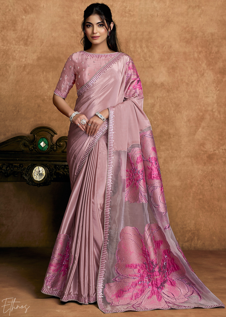Dusty Rose Sequin Embroidered Pure Crepe Satin Saree