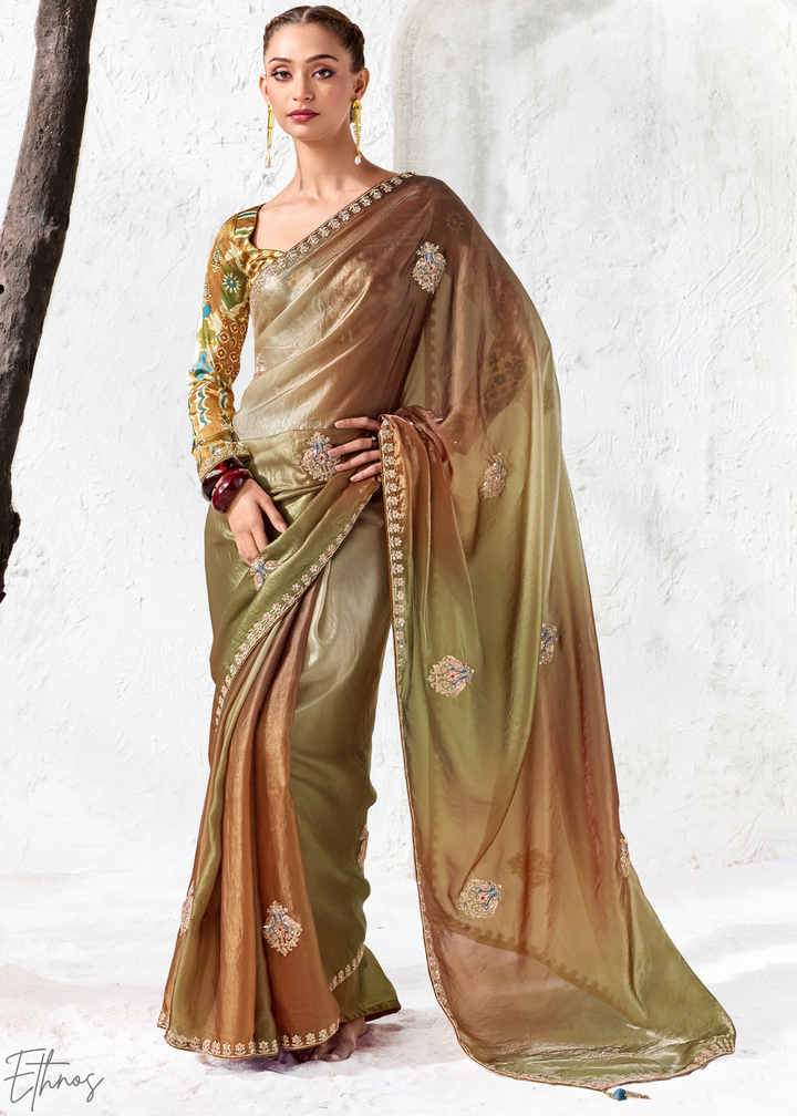 Earthy Brown Tie-Dye Pallu Organza Silk Saree