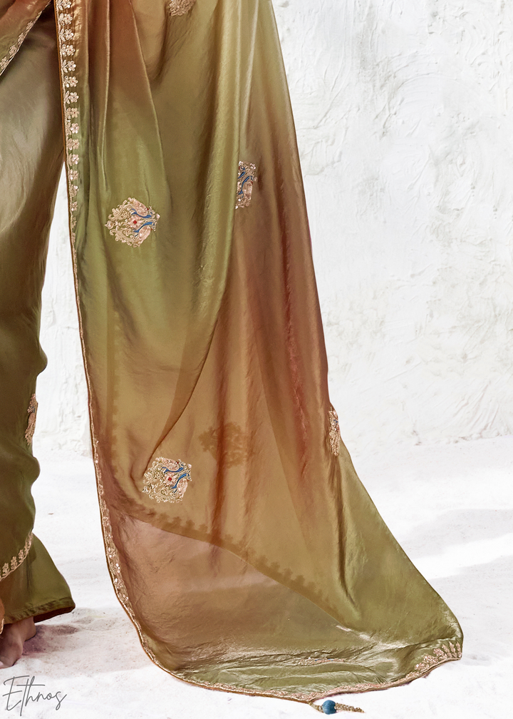 Earthy Brown Tie-Dye Pallu Organza Silk Saree