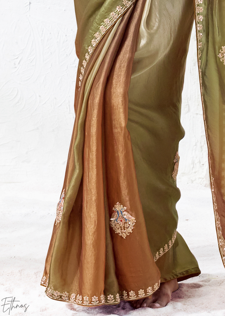 Earthy Brown Tie-Dye Pallu Organza Silk Saree