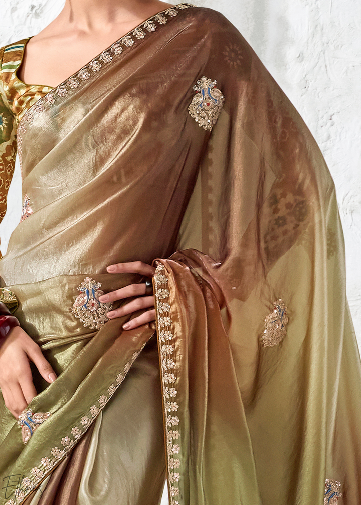 Earthy Brown Tie-Dye Pallu Organza Silk Saree