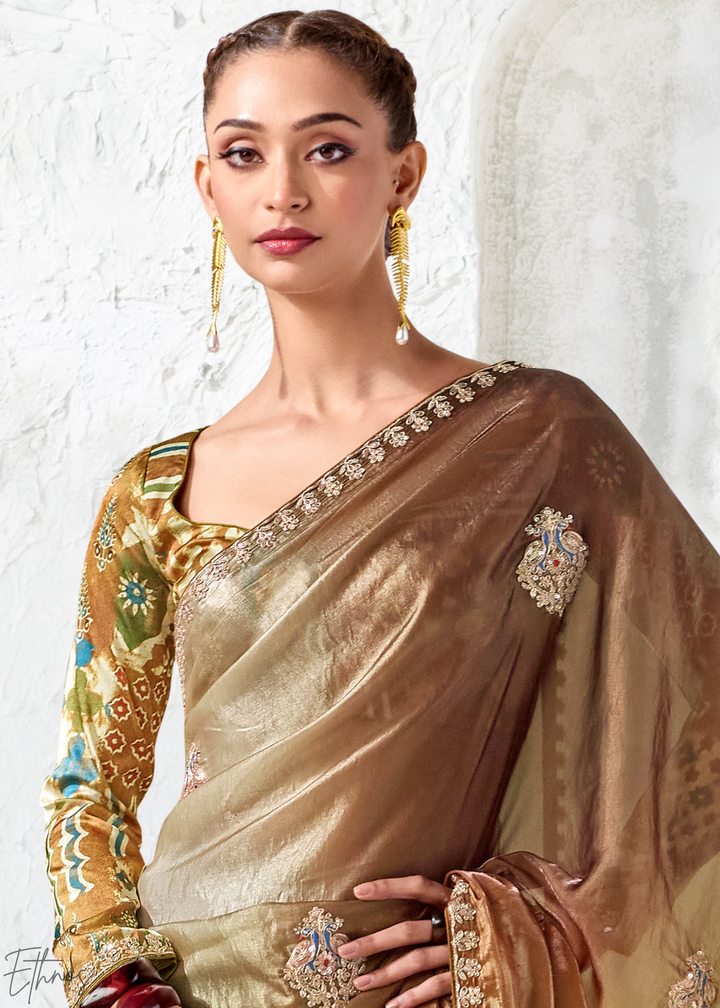 Earthy Brown Tie-Dye Pallu Organza Silk Saree