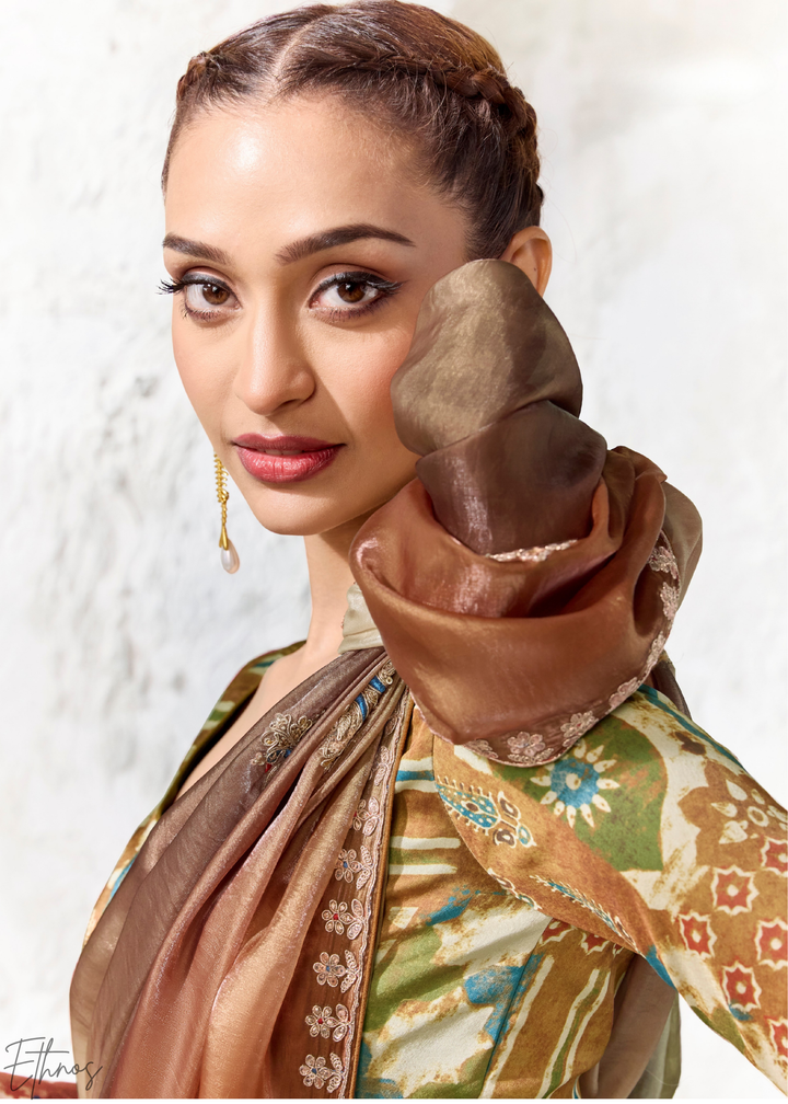 Earthy Brown Tie-Dye Pallu Organza Silk Saree