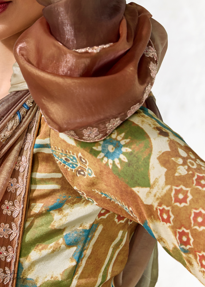 Earthy Brown Tie-Dye Pallu Organza Silk Saree