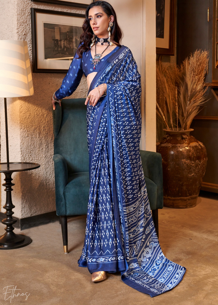 Egyptian Blue Azure Patola Crepe Silk Saree