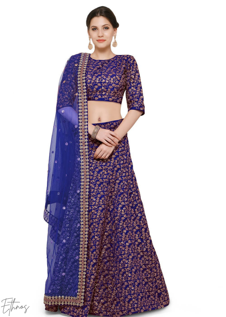 Electric Blue Intricate Brocade Raw Silk Lehenga Choli